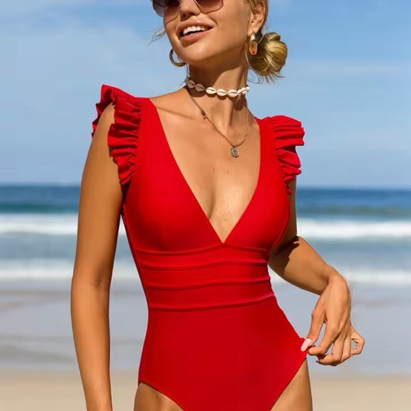 Women Slimming One Piece Red Bathing Suit Retro Vintage Padded Swimwear S, M, L - Picture 5 of 5
